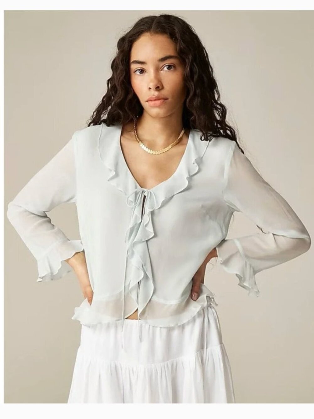 J. Crew Feminine Ruffle Tie-Front Top in Chiffon Stormy Seafoam